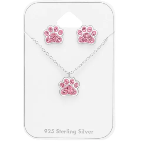 poot roze kristal set met oorbellen en ketting in zilver