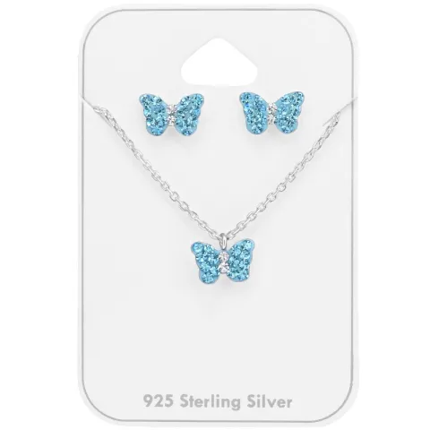 vlinder blauwe set met oorbellen en ketting in zilver