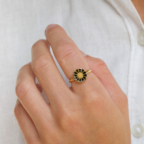 12 mm margriet zwart ring in verguld sterlingzilver