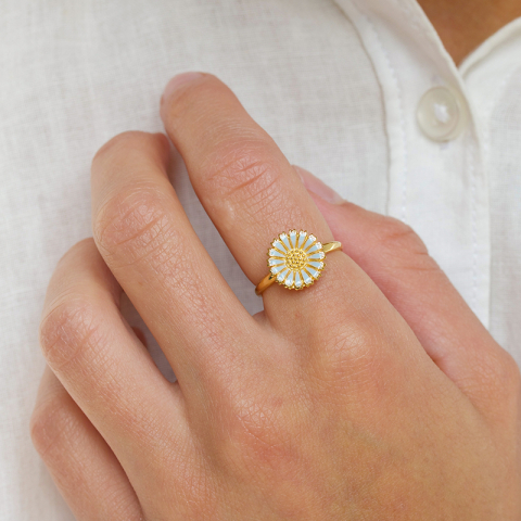 12 mm margriet blauwe ring in verguld sterlingzilver