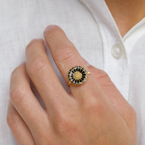 14 mm margriet zwart ring in verguld sterlingzilver